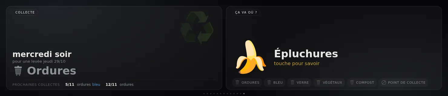 La page « déchets » : quel bac sortir ce soir, et un jeu de tri qui répond au toucher