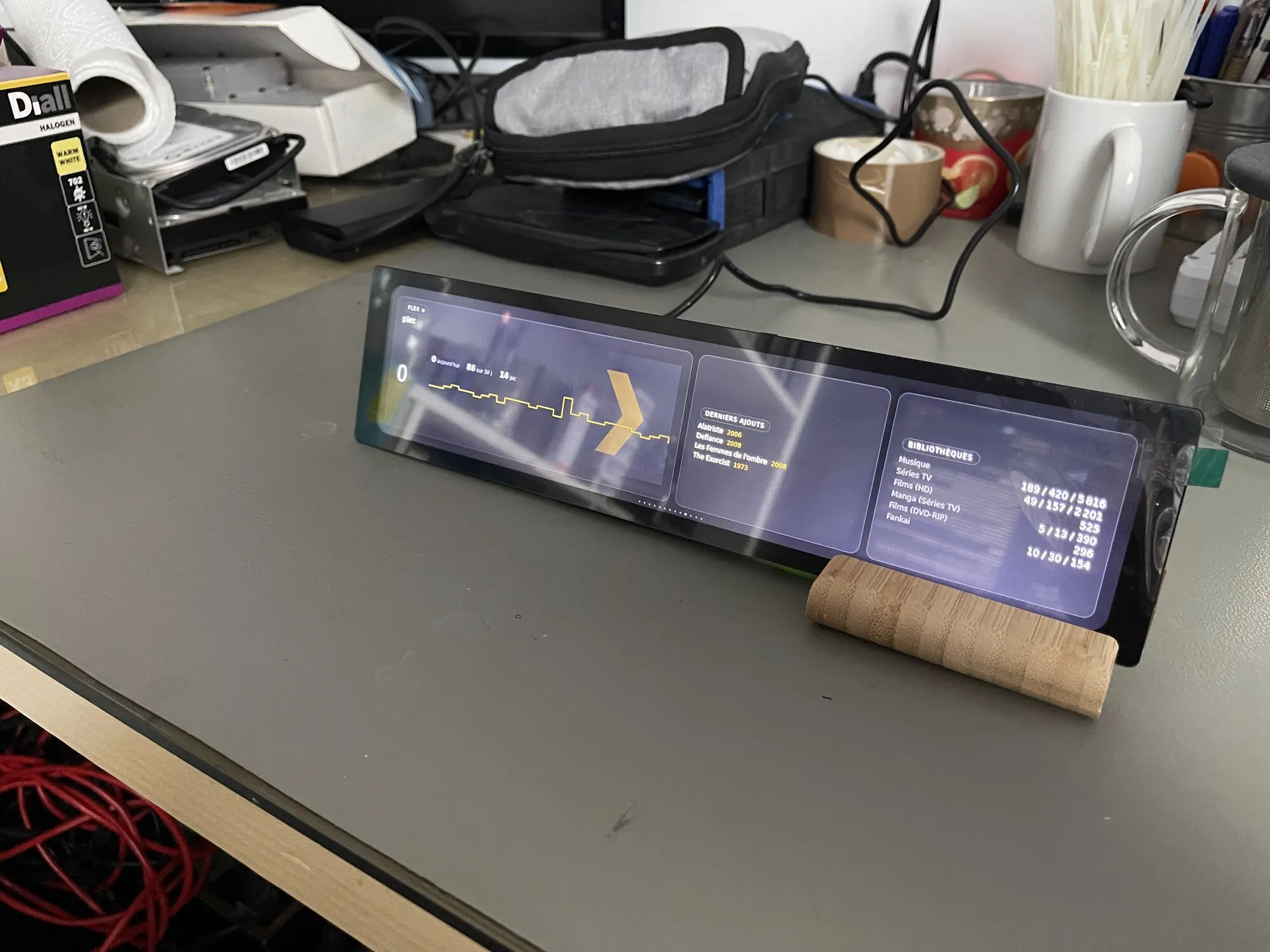Le panneau allumé, posé sur un socle à smartphone en bois, au milieu du désordre d'un bureau